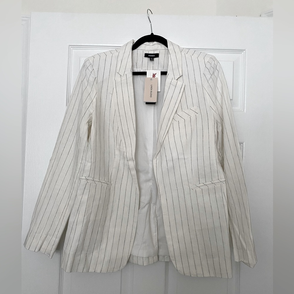 PREMISE Women’s Linen-Blend Pinstripe Blazer | Size 10